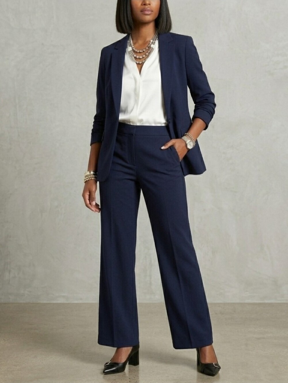 NWT Mango Navy One-Button Blazer & Straight-Leg Trouser Suit Set - XS